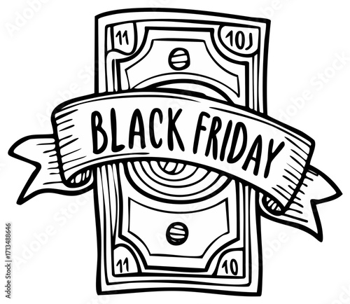 Doodle Style Money with Black Friday Ribbon for Shopping Sales and Promotional Advertising