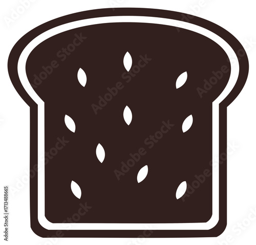 Stylized dark brown bread slice icon with seeds, perfect for bakery, breakfast, or healthy food designs.