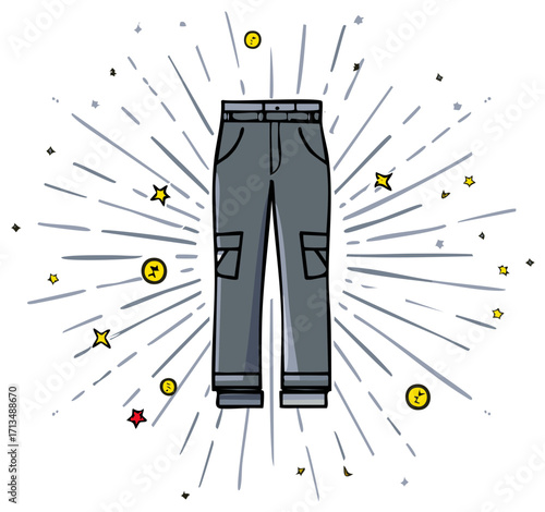 Cartoon Cargo Pants with Radiating Design Stars and Coins Comic Book Style