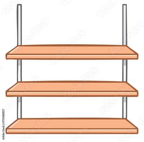 Cartoon wooden shelves with supports display objects for storage