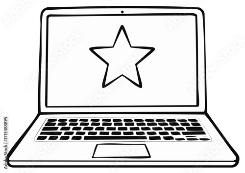 Doodle Illustration of Laptop Computer with Star Symbol on Screen, Technology Concept