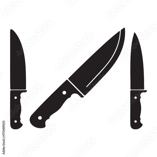 Three Kitchen Knives Black Silhouette on White Background Culinary Tools and Equipment Illustration Food Preparation Concepts