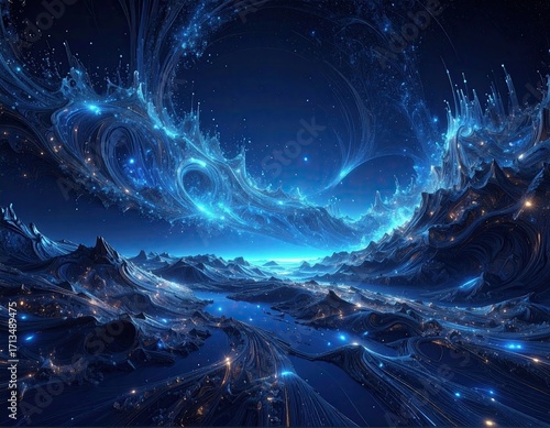 Abstract Blue Landscape with Glowing Particles and Nebulous Sky