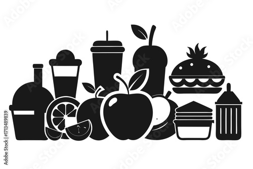 Vibrant collection of fresh fruits, refreshing drinks, and delicious fast food items creating a dynamic visual feast for culinary inspiration and marketing.