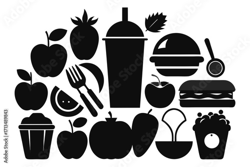 Vibrant collection of delicious food and drink icons perfect for menus, recipes, and culinary designs, showcasing sweet treats and savory delights with modern graphic appeal.