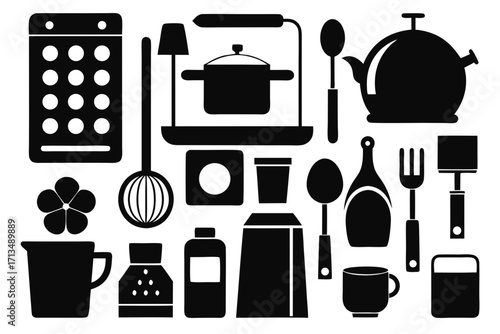 Vibrant collection of modern kitchenware and cooking utensils presented in a clean, professional, and stylish silhouette art style perfect for culinary designs and home decor projects