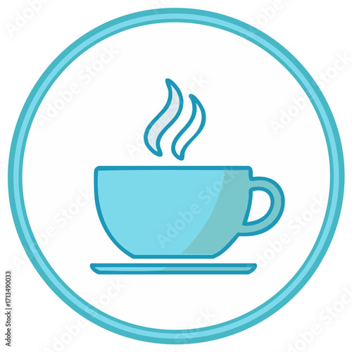 Teacup icon in a blue circle with steam rising for a coffee shop graphic