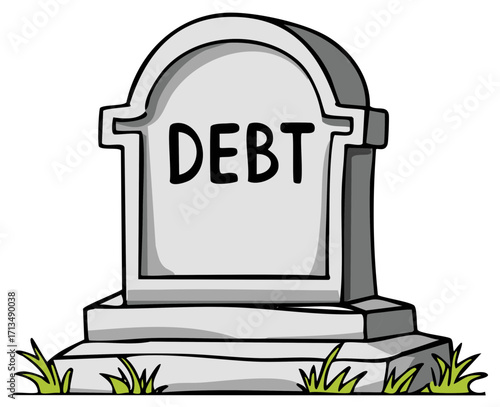 Cartoon Tombstone Illustration with "Debt" Text: Financial Burden Concept for Economic Issues, Bankruptcy, and Fiscal Problems