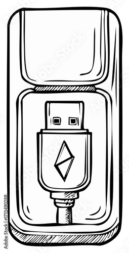 USB Drive Hand-Drawn Illustration, Rectangle Shape Memory Stick, Portable Storage Device