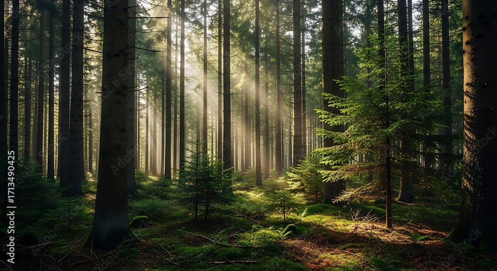 Obraz premium Sunlit Forest Path Through Tall Trees.