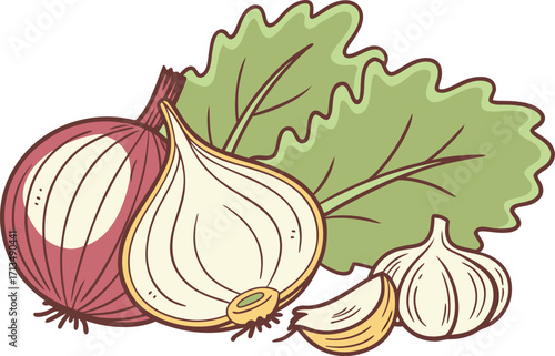 Vector set fresh vegetables onion garlic lettuce flat style