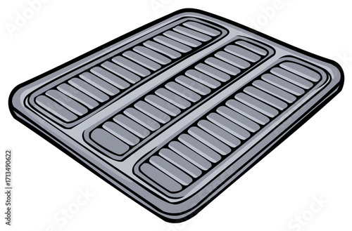 Gray metal louvered tray with three separate divided sections, suitable for industrial or commercial designs and renderings