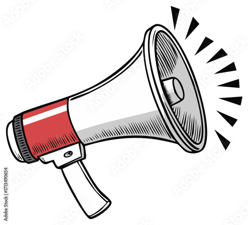 Red and White Megaphone Shouting Announcement Icon with Sound Waves