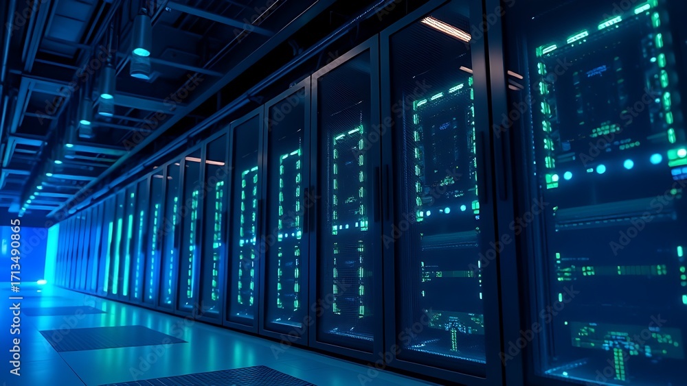 Fototapeta premium Server room with abstract LED light patterns in blue and green.
