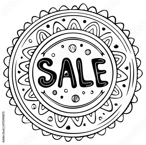 Doodle Sale Badge with Hand Drawn Lettering and Decorative Border Ornament, Black and White Vector Illustration