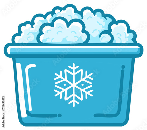 Blue container filled with fluffy white snow and a snowflake emblem, symbolizing cold and winter.
