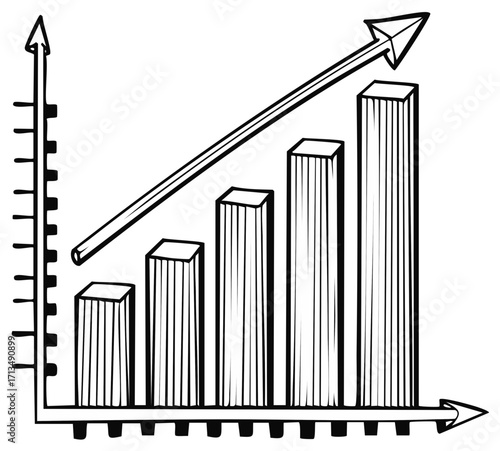 Hand drawn upward trending bar graph with arrow indicating growth and success