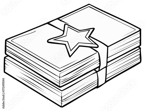 Stack of paperwork documents tied with ribbon and a star, paperwork illustration