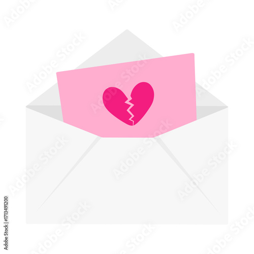 White envelope containing pink card showing broken heart symbolizing breakup
