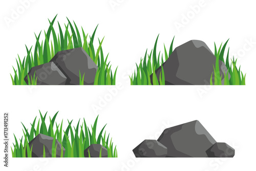 Green grass growing around rocks vector illustration set