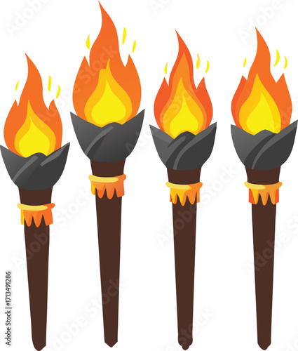 Four stylized torches with bright flames illuminated in a row for visual projects vector