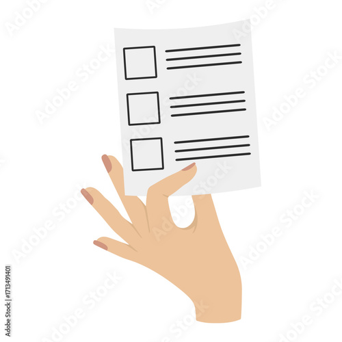 Woman holding vote ballot paper in hand, making a choice for democratic elections