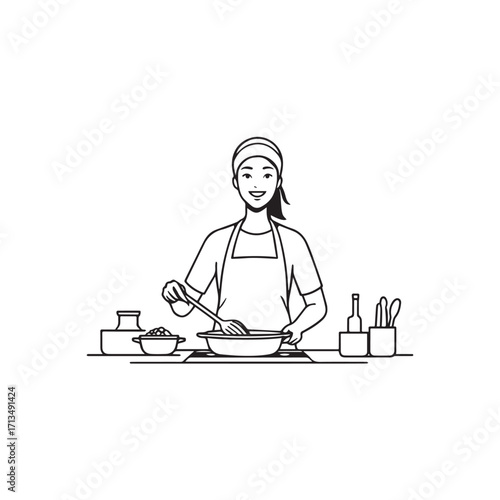 Black and White Vector Illustration of a Smiling Woman Cooking in Kitchen with Apron and Headband