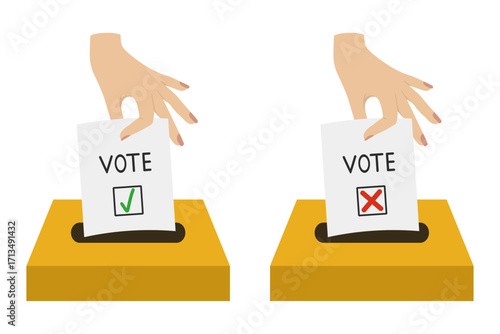 Hands putting voting paper in ballot box for yes or no vote