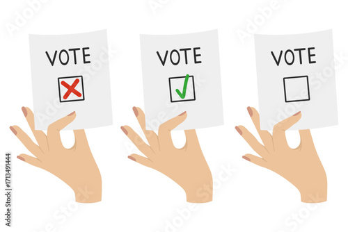 Voting concept showing hands holding cards with check mark, cross mark and empty box