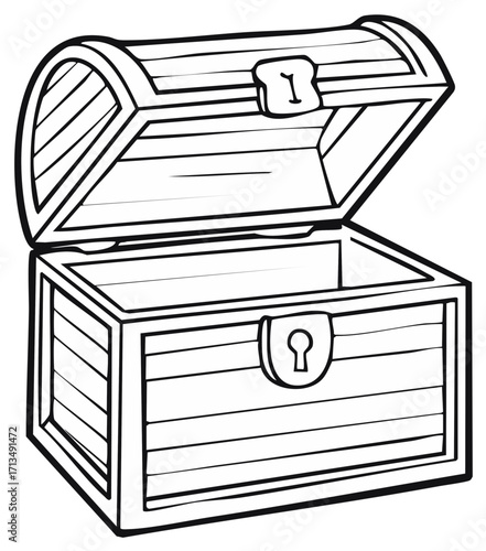 Stylized Outline of an Open Treasure Chest, Antique Trunk, and Storage Container, Wood Design.