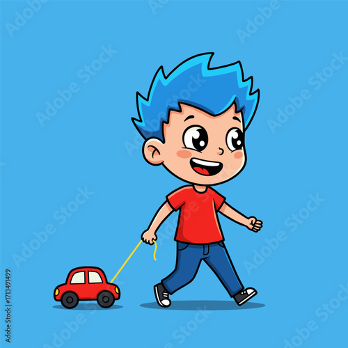 A cheerful child with spiky blue hair pulls a red toy car with a yellow string, walking happily in a bright, playful scene set against a light blue background.