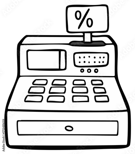 Stylized Cash Register Illustration with Percentage Sign Display for Retail Sale Savings Concept