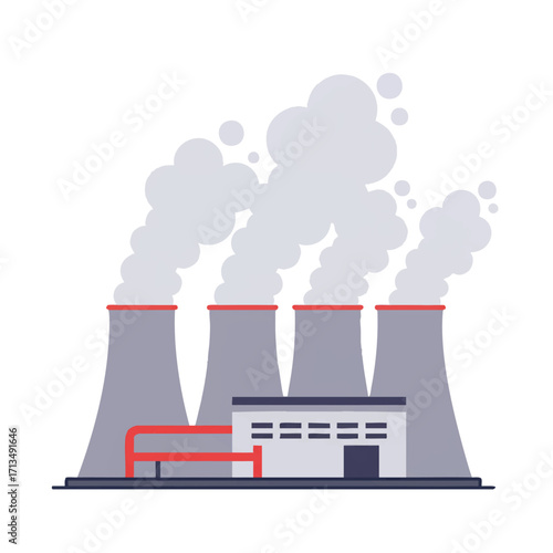 A vibrant 2D flat vector illustration of a geothermal power plant features thick plumes of steam from its cooling towers, symbolizing clean, renewable energy harnessing earth's heat.