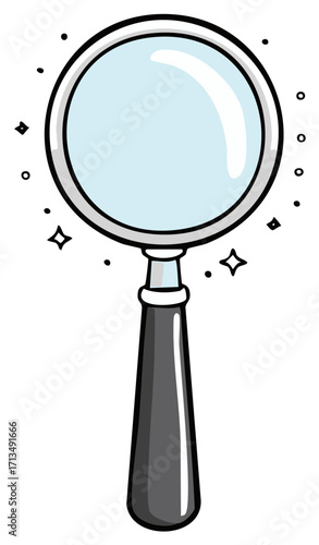 Magnifying Glass Cartoon Doodle Style with Glimmering Stars Illustration on White