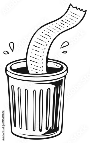 Cartoon drawing of crumpled paper being discarded into a waste bin for rubbish or garbage