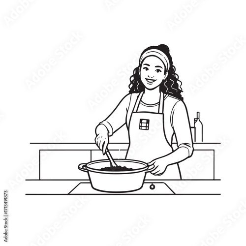 Black and White Vector Illustration of a Smiling Woman Cooking in Kitchen with Apron and Headband