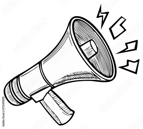 Hand drawn megaphone illustration emitting loud sound waves for public announcement and communication