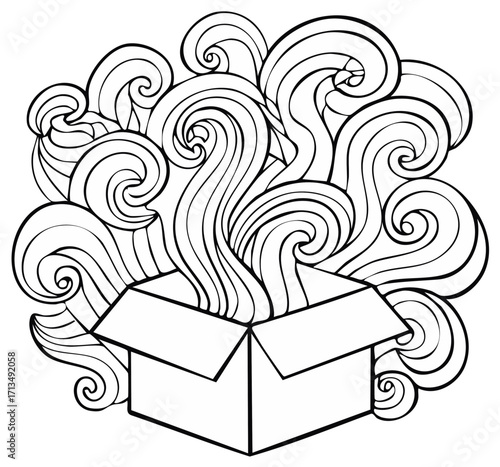 Open gift box releasing swirling abstract energy or smoke in a stylized pattern