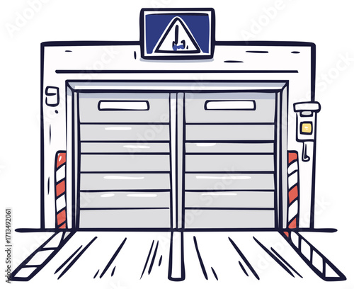 Illustrated garage entrance with warning sign, cartoon style.