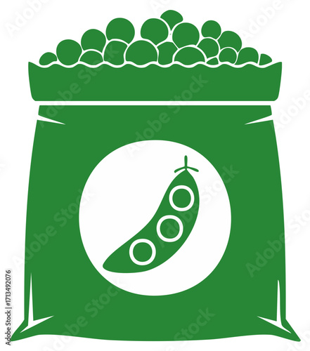 Green sack filled with fresh peas and a pea pod design