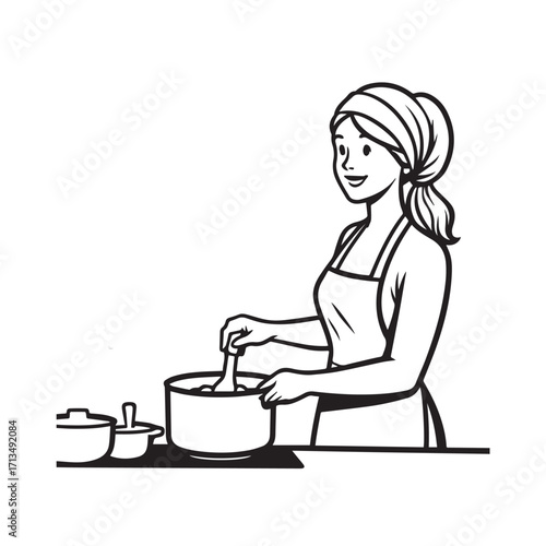 Black and White Vector Illustration of a Smiling Woman Cooking in Kitchen with Apron and Headband