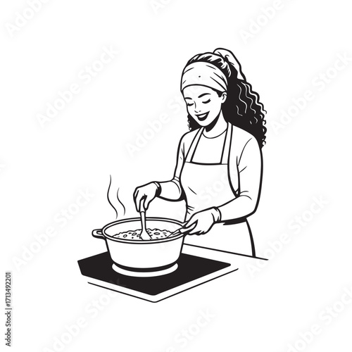 Black and White Vector Illustration of a Smiling Woman Cooking in Kitchen with Apron and Headband
