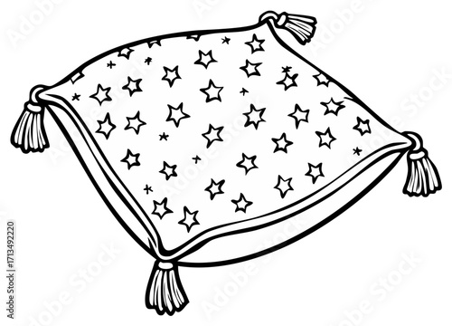Cozy decorative pillow with a stars pattern and tassels line art drawing