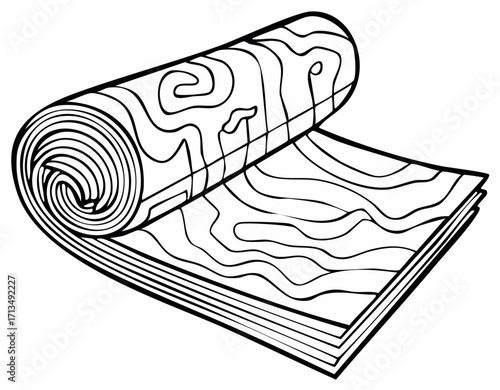 Rolled linoleum with a wood grain pattern black and white line art illustration