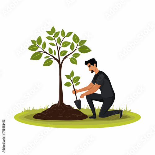 Man plants a sapling tree with shovel for a greener future, an environmental conservation initiative