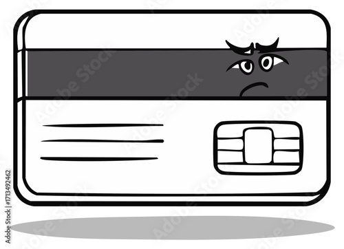 Angry cartoon face peeking over a financial credit card with chip and magnetic stripe