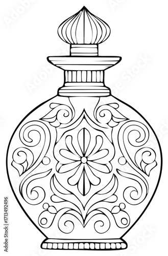 Decorated Perfume Bottle Graphic with Floral and Swirl Elements