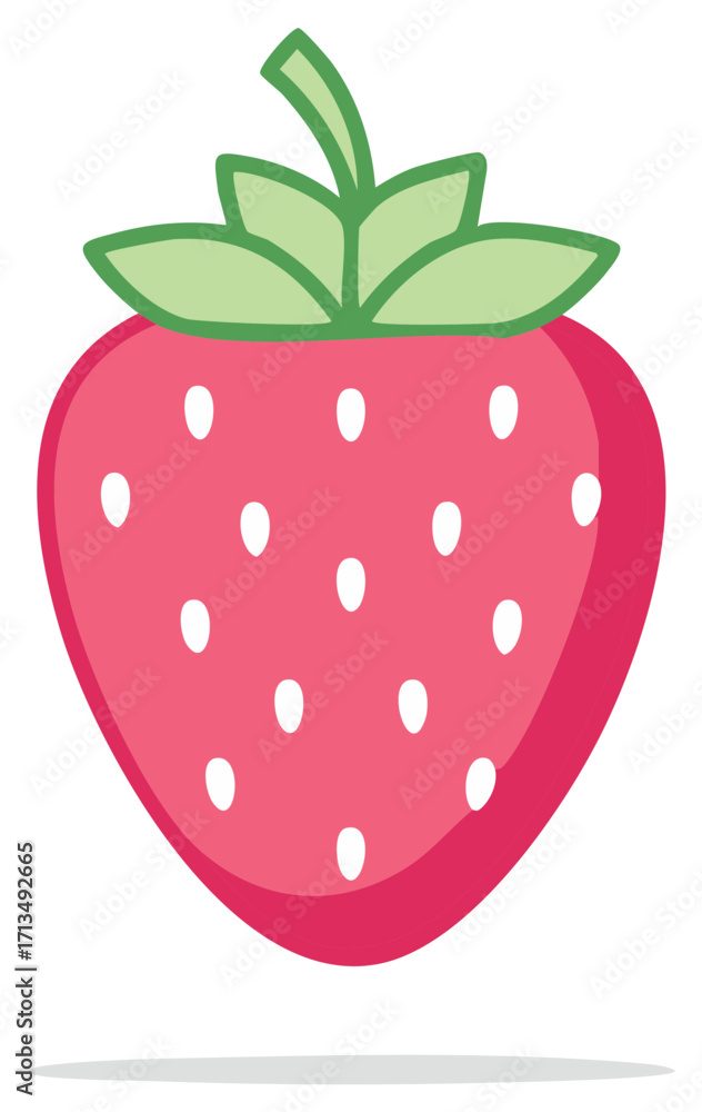 Obraz premium Vibrant pink strawberry cartoon illustration with green leaves and white seeds vector graphic