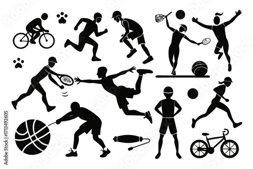 Dynamic collection of diverse athletes engaged in various sports and fitness activities, showcasing action and healthy lifestyles with vibrant energy and motion.