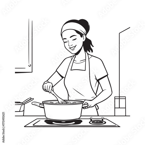 Black and White Vector Illustration of a Smiling Woman Cooking in Kitchen with Apron and Headband